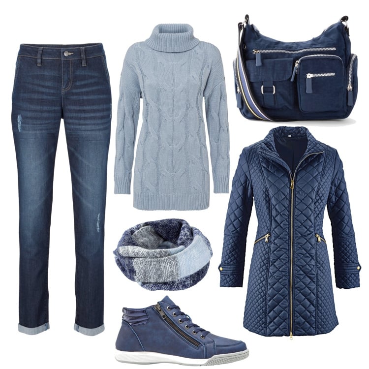 Outfit donna - Mattina al mercato contro il freddo. Stile Casual per Tutti i giorni. Abbinamento con blazer, jeans boyfriend, sneakers alte, borse a tracolla, foulard, maglieria.