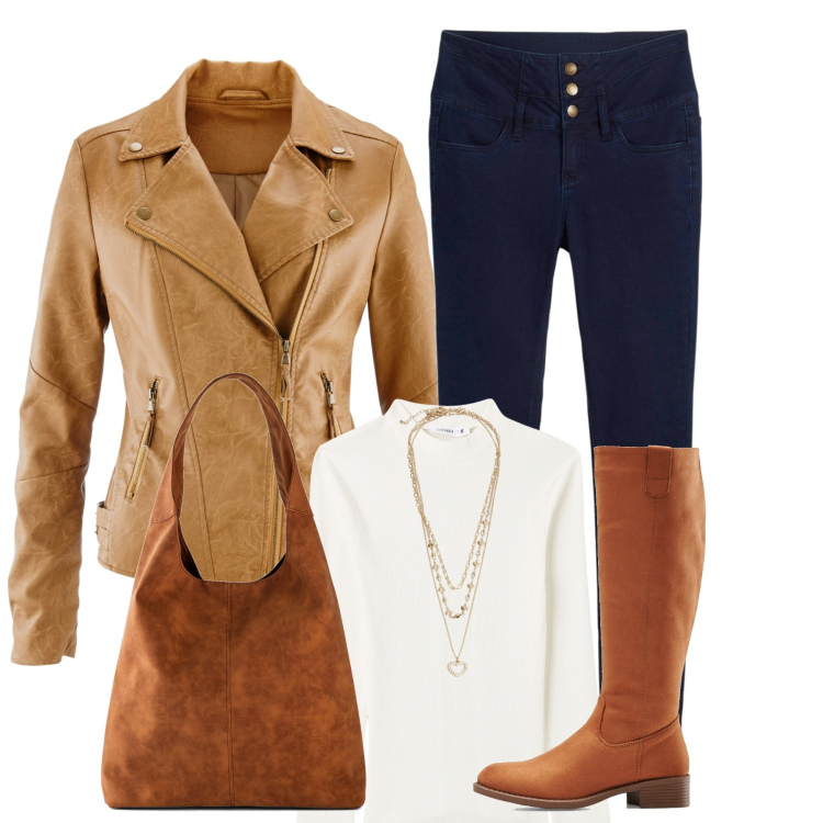 Outfit donna - City. Stile Casual chic per Tutti i giorni. Abbinamento con stivali, blazer, jeans skinny, shopping bag, collane, t-shirt.