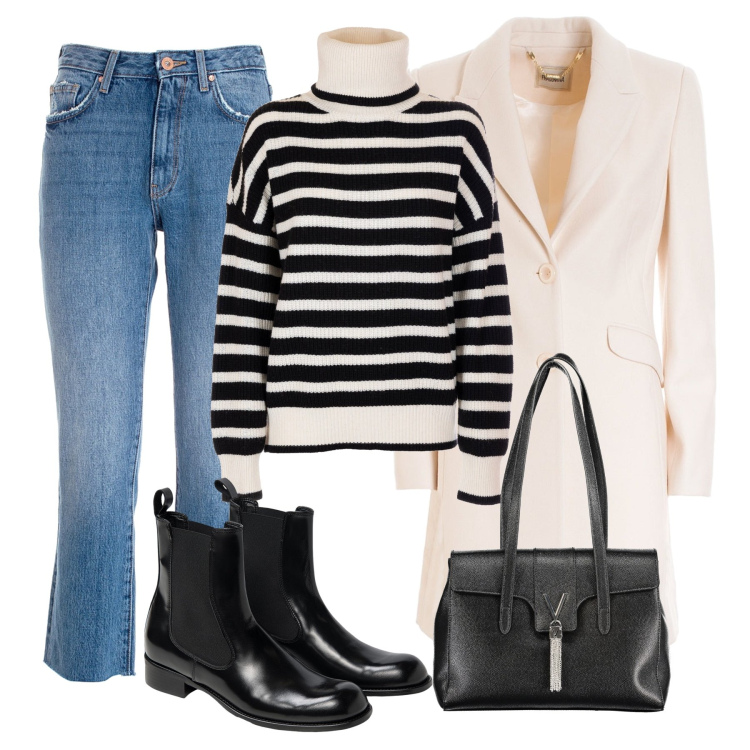 Outfit donna - Collo alto a righe. Stile Casual chic per Tutti i giorni. Abbinamento con maglieria, cappotti, jeans bootcut, borse a spalla, stivaletti chelsea.