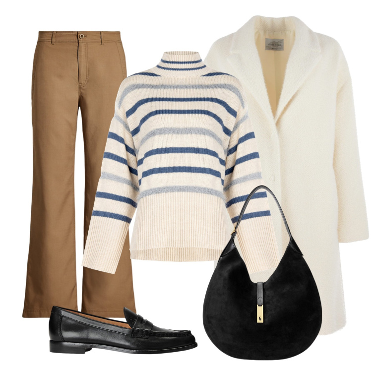 Outfit donna - Righe e mocassini. Stile Casual chic per Scuola/Università. Abbinamento con maglieria, mocassini, pantaloni, borse a spalla, cappotti.