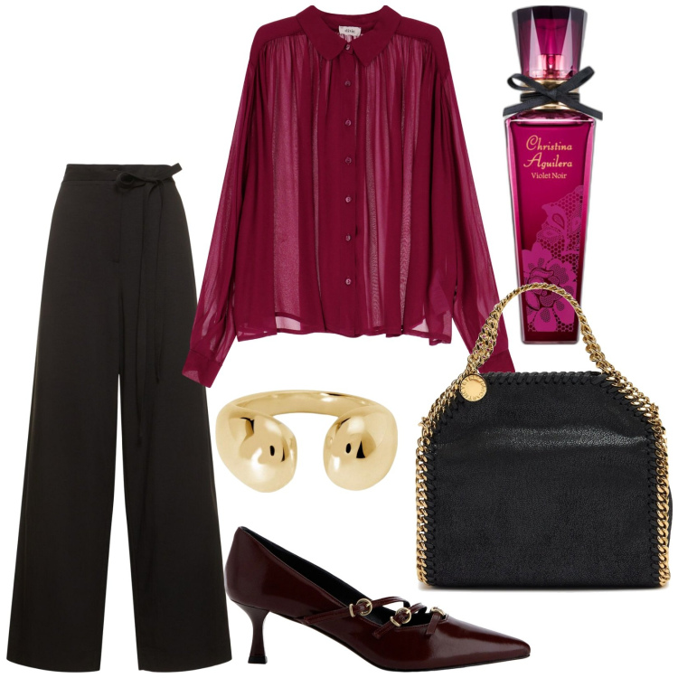 Outfit donna - Total look #1967719. Stile Chic per Ufficio. Abbinamento con profumi, anelli, camicie, décolleté, shopping bag, pantaloni.