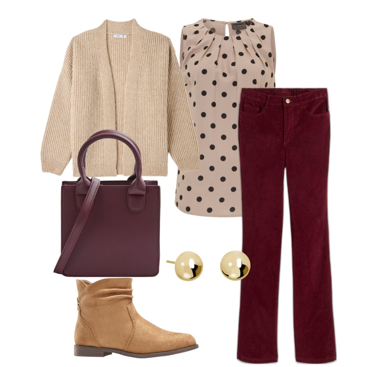 Outfit donna - #autunno. Stile Casual per Tutti i giorni. Abbinamento con pantaloni, top, stivaletti, cardigans, shopping bag, orecchini.