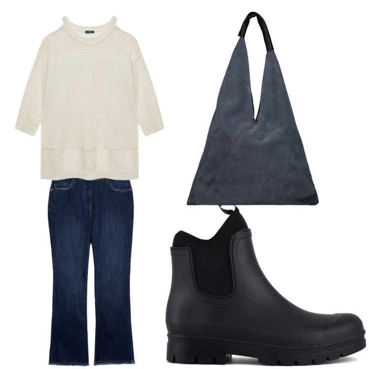 Outfit donna - Aperitivo. Stile Casual chic per Tutti i giorni. Abbinamento con stivali, maglieria, borse a spalla, jeans a zampa.