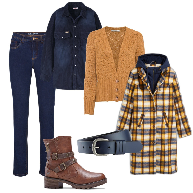 Outfit donna - Il cappotto effetto due in uno. Stile Casual per Tutti i giorni. Abbinamento con cinture, cappotti, cardigans, stivaletti, jeans, camicie.