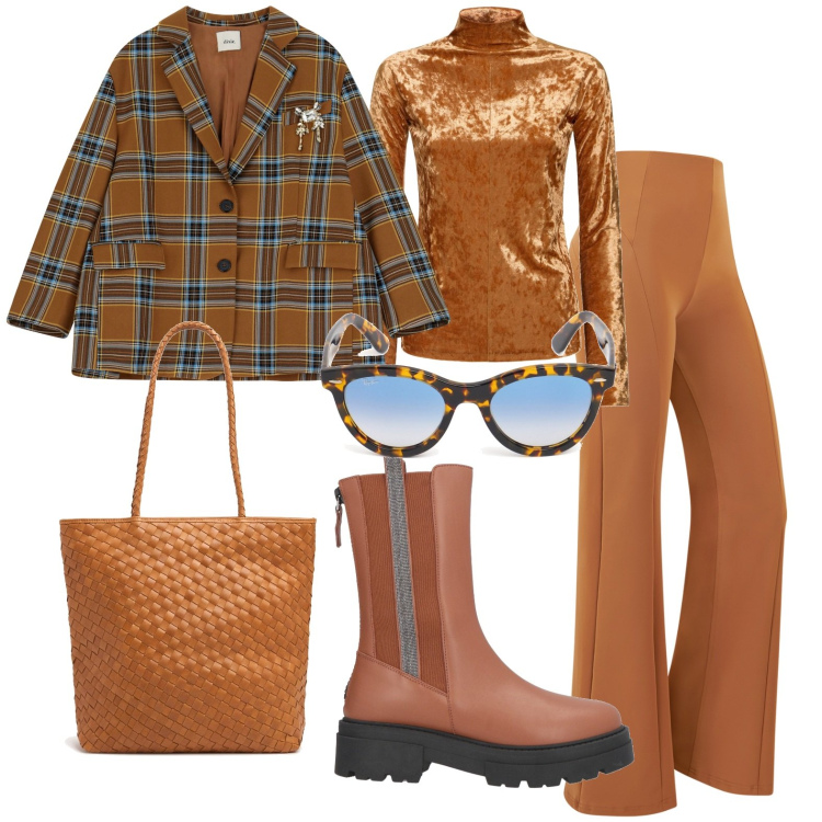 Outfit donna - Total look #1967769. Stile Casual per Tutti i giorni. Abbinamento con stivaletti, pantaloni, blazer, top, occhiali da sole, shopping bag.