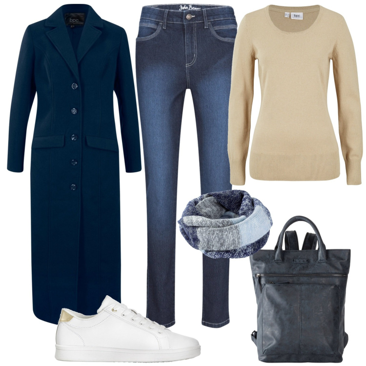 Outfit donna - Autunno con Bonprix. Stile Casual per Tutti i giorni. Abbinamento con foulard, maglieria, jeans skinny, cappotti, zaini, sneakers.