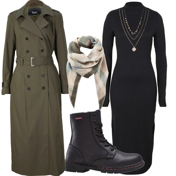 Outfit donna - Autunno Bonprix. Stile Casual chic per Serata fuori. Abbinamento con vestiti, collane, sciarpe, trench, stivaletti.