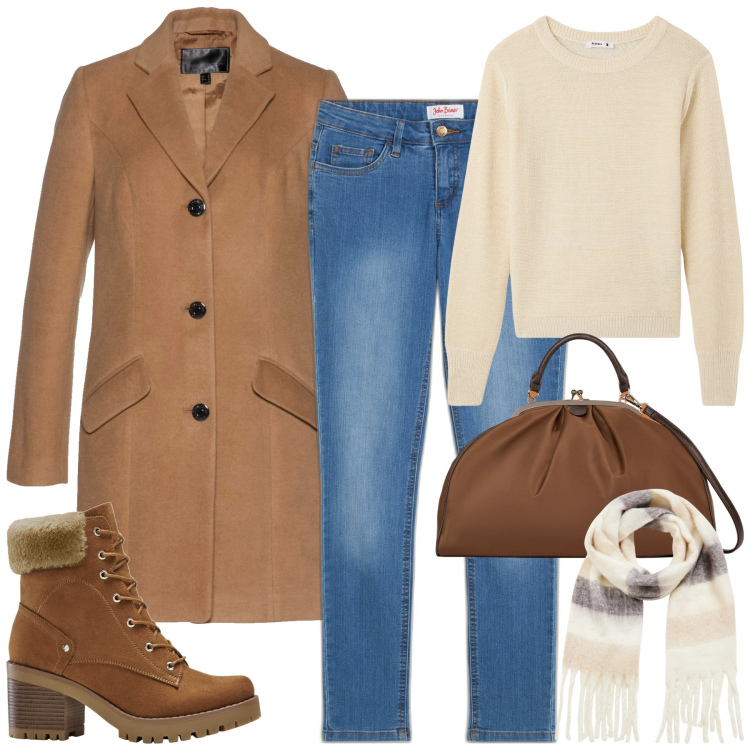 Outfit donna - City. Stile Basic per Tutti i giorni. Abbinamento con stivaletti, jeans skinny, cappotti, maglieria, sciarpe, borse a spalla.