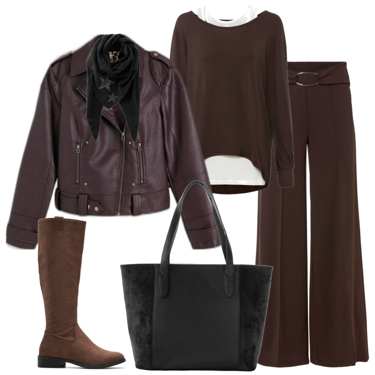 Outfit donna - Autunno Bonprix. Stile Sporty chic per Tutti i giorni. Abbinamento con stivali, shopping bag, foulard, pantaloni a palazzo, top, blazer.