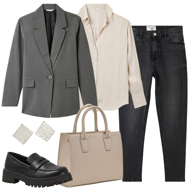 Outfit donna - Blazer e jeans. Stile Casual per Ufficio. Abbinamento con orecchini, mocassini, camicie, jeans skinny, shopping bag, blazer.