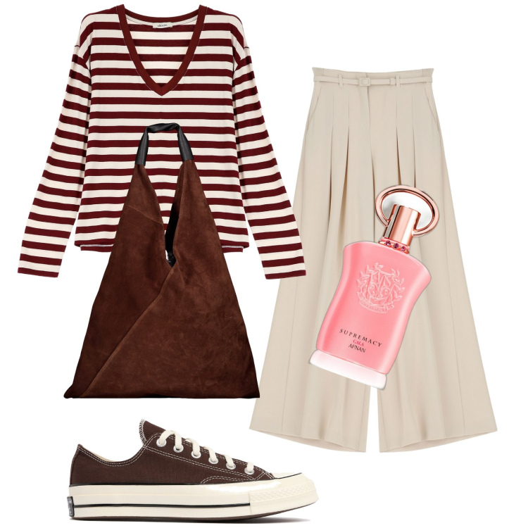 Outfit donna - Total look #1967820. Stile Casual per Tutti i giorni. Abbinamento con profumi, pantaloni, maglieria, sneakers, borse a spalla.