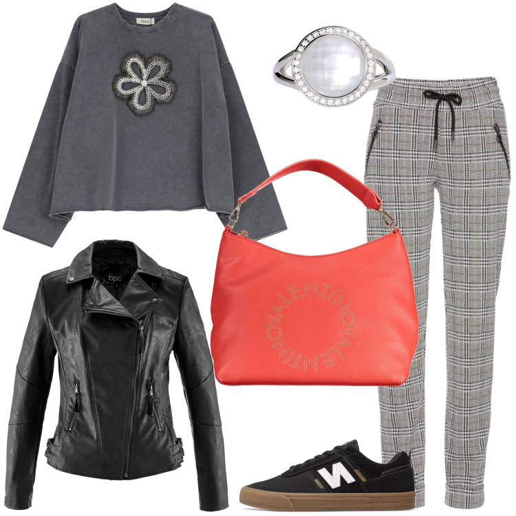 Outfit donna - Il tocco di colore della borsa. Stile Sporty chic per Tutti i giorni. Abbinamento con pantaloni, blazer, anelli, sneakers, felpe, borse a spalla.