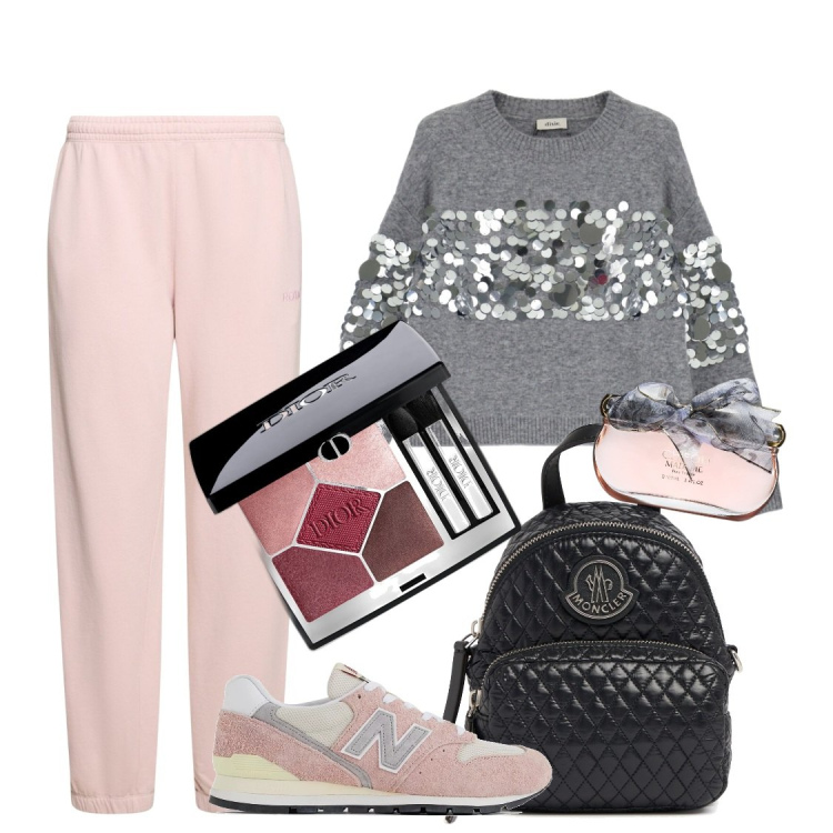 Outfit donna - Grigio & rosa. Stile Sporty chic per Tutti i giorni. Abbinamento con ombretti, profumi, sneakers, pullovers, pantaloni, borse a tracolla.