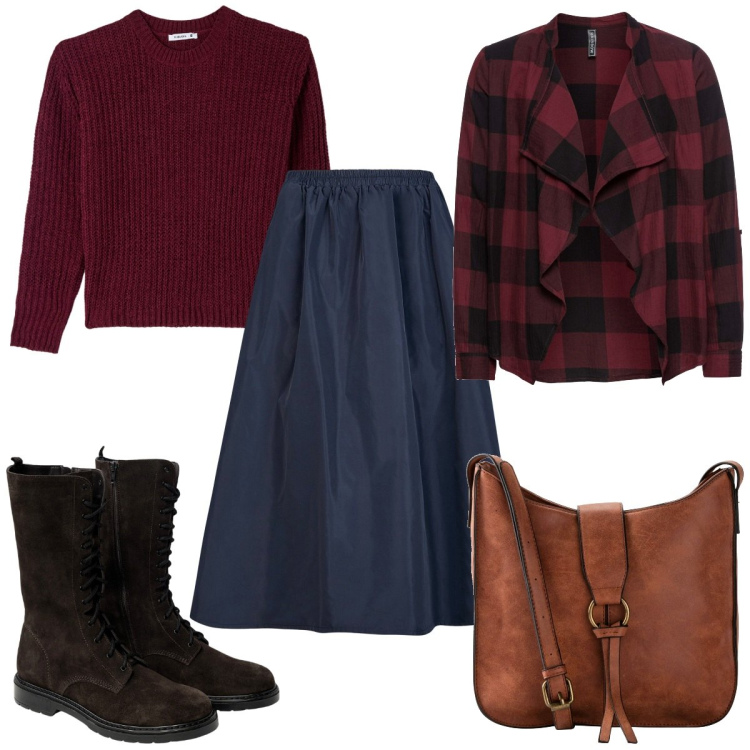 Outfit donna - Total look #1967936. Stile Trendy per Tutti i giorni. Abbinamento con borse a tracolla, bomber, maglieria, stivaletti, gonne lunghe.