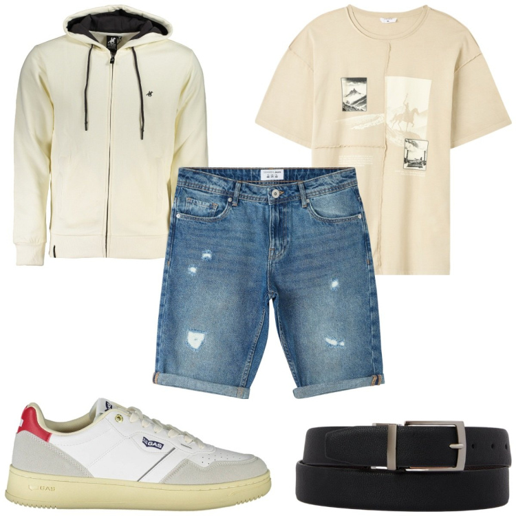 Outfit uomo - Total look #1967957. Stile Trendy per Tutti i giorni. Abbinamento con t-shirt, bermuda, felpe con cappuccio, sneakers, cinture.