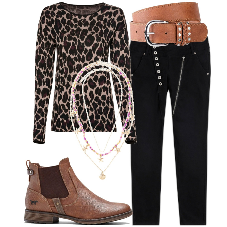 Outfit donna - Total look #1967958. Stile Casual per Tutti i giorni. Abbinamento con maglieria, cinture, pantaloni, ciondoli, stivaletti chelsea.