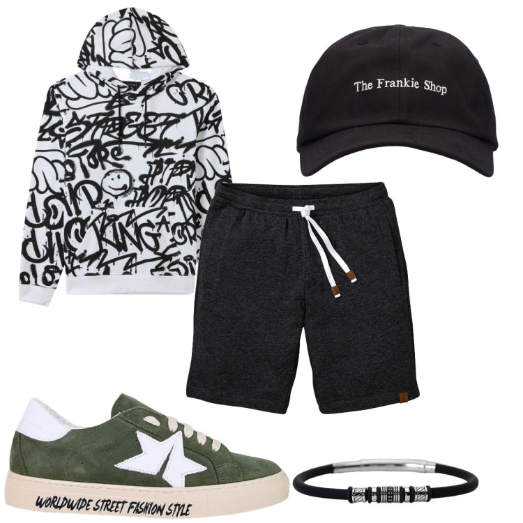 Outfit uomo - Total look #1967959. Stile Urban per Tutti i giorni. Abbinamento con bermuda, felpe con cappuccio, braccialetti, sneakers, cappelli.