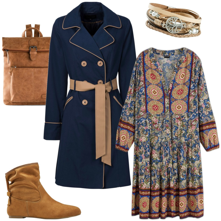 Outfit donna - Total look #1967962. Stile Casual per Tutti i giorni. Abbinamento con trench, zaini, braccialetti, vestiti corti, stivaletti.