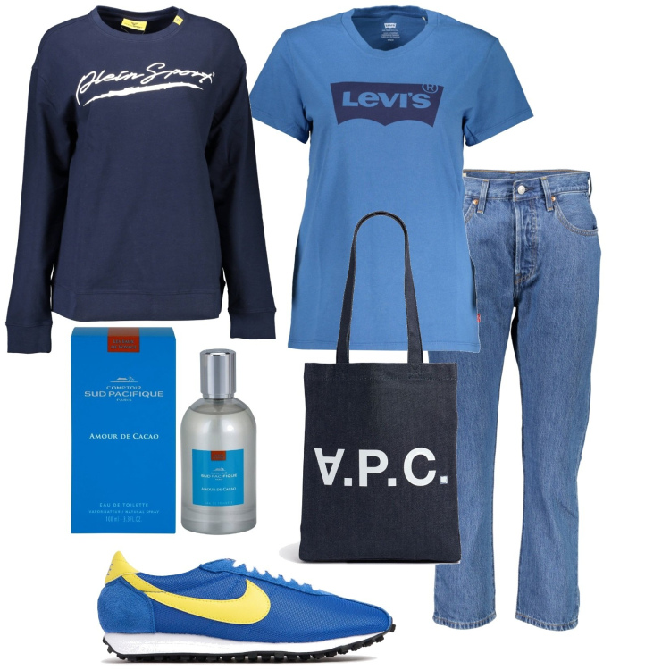 Outfit donna - Total look #1967986. Stile Casual per Tutti i giorni. Abbinamento con profumi, t-shirt, sneakers, shopping bag, jeans, felpe.