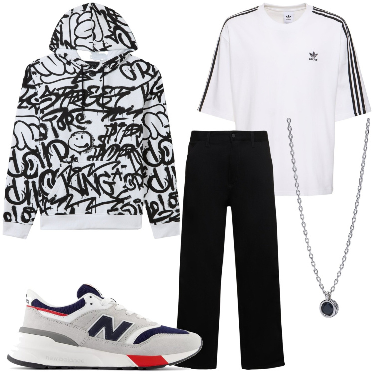 Outfit uomo - Total look #1967988. Stile Urban per Tutti i giorni. Abbinamento con felpe con cappuccio, collane, scarpe sportive, jeans, t-shirt.