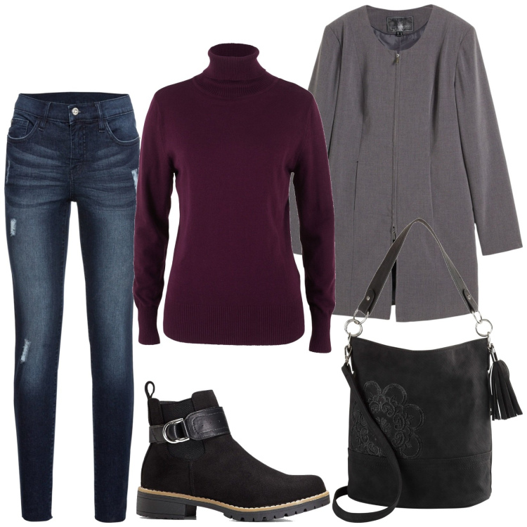 Outfit donna - Total look #1967989. Stile Casual per Tutti i giorni. Abbinamento con maglieria, stivaletti, jeans strappati, borse a mano, blazer.
