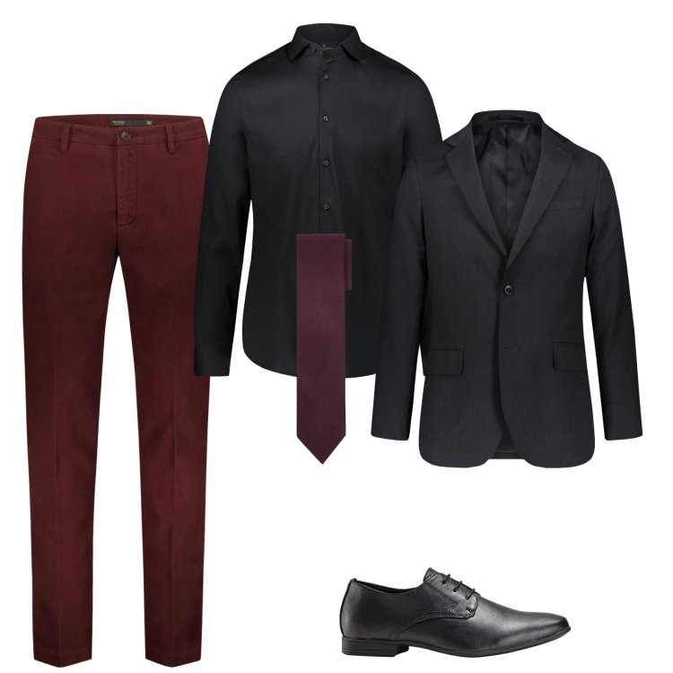 Outfit uomo - Nero e bordeaux fashion. Stile Business/Elegante per Serata speciale. Abbinamento con scarpe stringate, pantaloni, camicie, cravatte, giacche.
