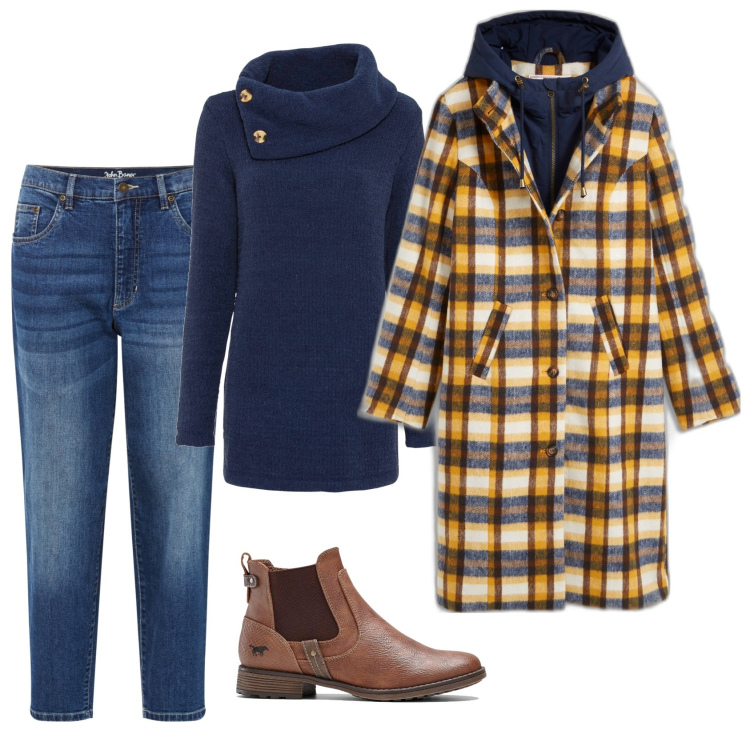 Outfit donna - Il cappotto a quadri. Stile Casual per Tutti i giorni. Abbinamento con maglieria, cappotti, stivaletti chelsea, jeans mom.