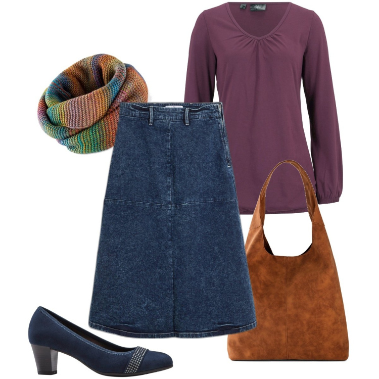 Outfit donna - A tema autunnale. Stile Casual chic per Ufficio. Abbinamento con maglieria, foulard, décolleté, gonne longuette, shopping bag.