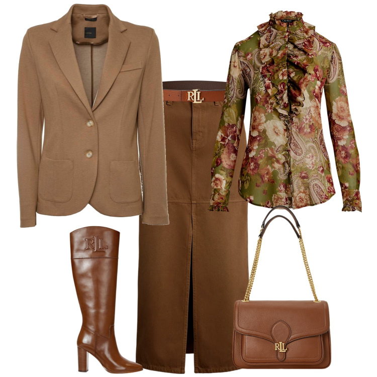 Outfit donna - Total look #1967999. Stile Trendy per Ufficio. Abbinamento con cinture, camicie, borse a spalla, stivali, gonne, blazer.