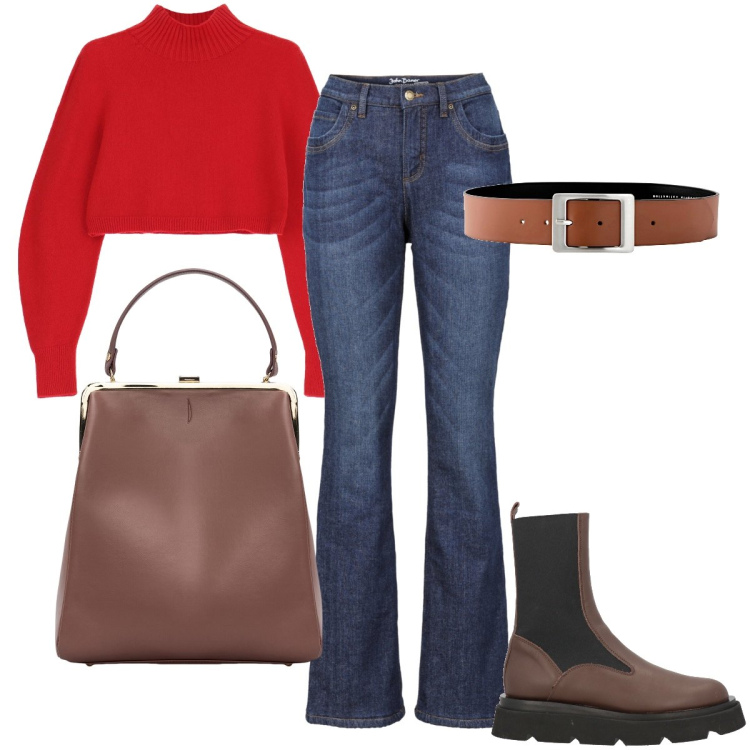 Outfit donna - La dolcevita crop. Stile Casual per Tutti i giorni. Abbinamento con cinture, jeans bootcut, stivaletti chelsea, maglieria, borse a spalla.