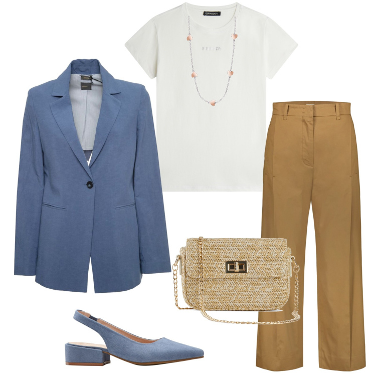 Outfit donna - Confort chic. Stile Casual chic per Ufficio. Abbinamento con décolleté, borse a mano, collane, t-shirt, blazer, pantaloni.