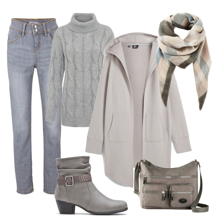 Outfit donna - Sfumature di grigio Bonprix. Stile Urban per Tutti i giorni. Abbinamento con blazer, jeans slim fit, stivaletti, borse a tracolla, sciarpe, maglieria.