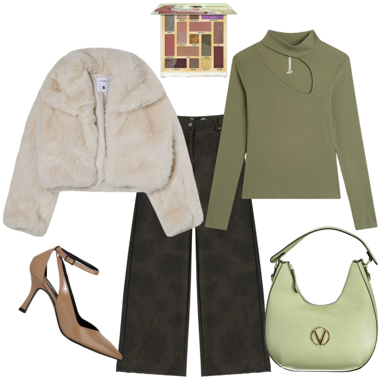Outfit donna - Eco pelliccia. Stile Trendy per Serata fuori. Abbinamento con ombretti, blazer, pantaloni, maglieria, décolleté, borse a spalla.