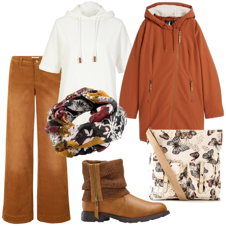 Outfit donna - Total look #1968096. Stile Casual per Tutti i giorni. Abbinamento con pantaloni, borse a tracolla, blazer, foulard, felpe con cappuccio, stivaletti.