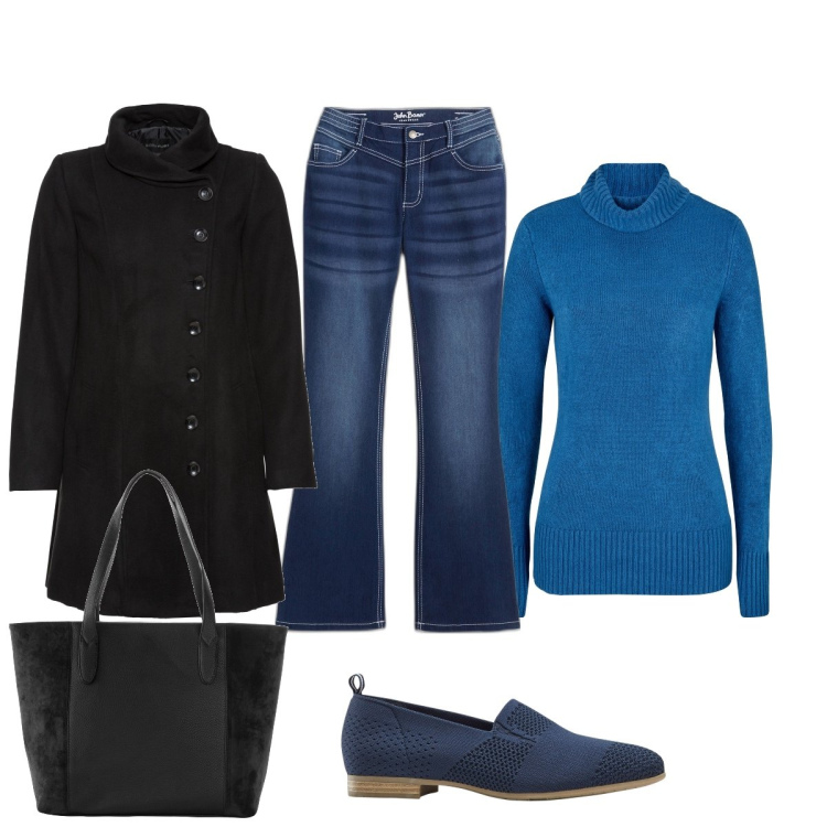 Outfit donna - Autunno con Bonprix. Stile Casual chic per Ufficio. Abbinamento con maglieria, shopping bag, cappotti, mocassini, jeans bootcut.