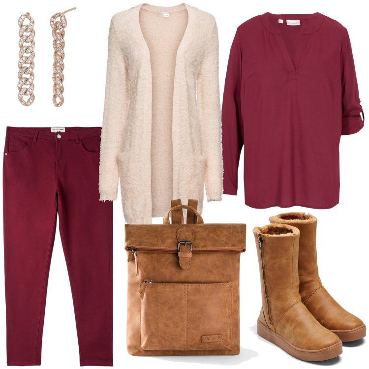 Outfit donna - Gli stivali comodi. Stile Casual per Scuola/Università. Abbinamento con stivali, zaini, cardigans, tuniche, pantaloni, orecchini.
