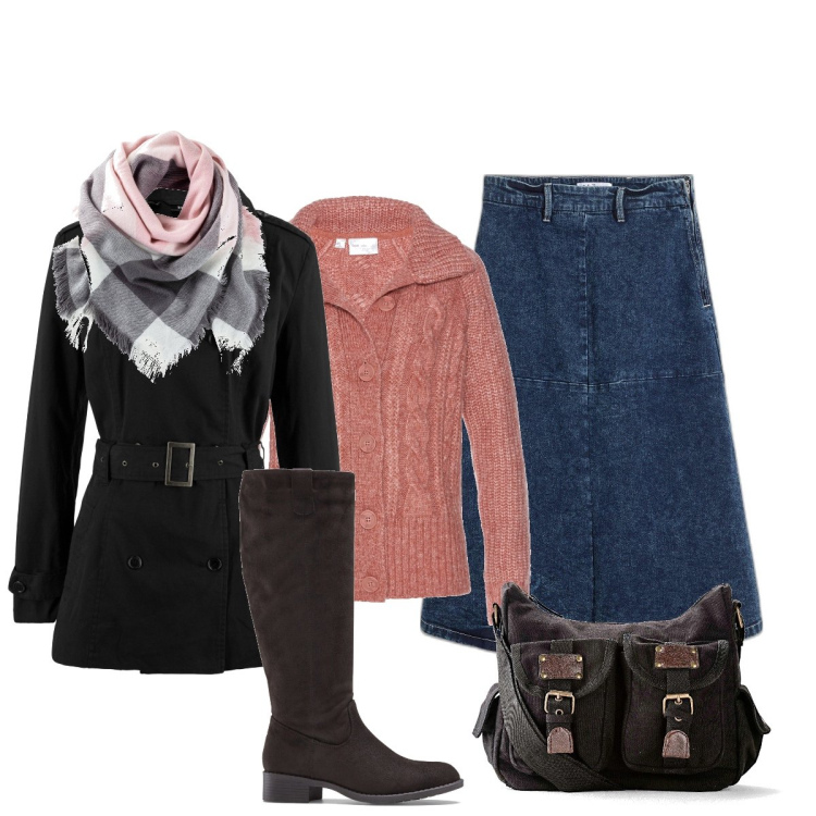 Outfit donna - La gonna svasata di jeans. Stile Minimal per Ufficio. Abbinamento con stivali, foulard, gonne longuette, trench, cardigans, borse a tracolla.