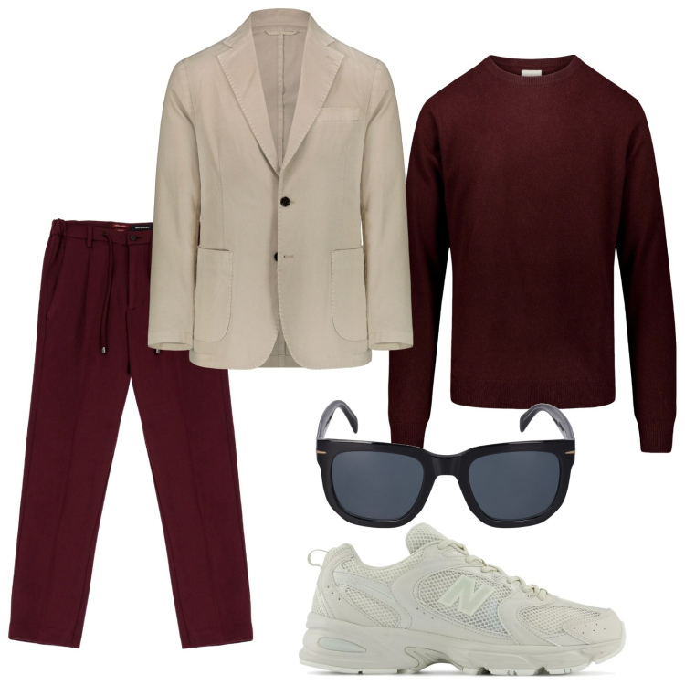Outfit uomo - Elegante in bordeaux. Stile Trendy per Tutti i giorni. Abbinamento con sneakers, pantaloni, maglieria, giacche, occhiali da sole.
