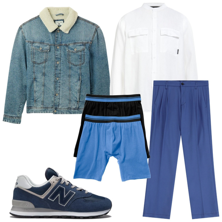 Outfit uomo - Giacca denim. Stile Trendy per Tutti i giorni. Abbinamento con boxer, camicie, giacche, sneakers, pantaloni.