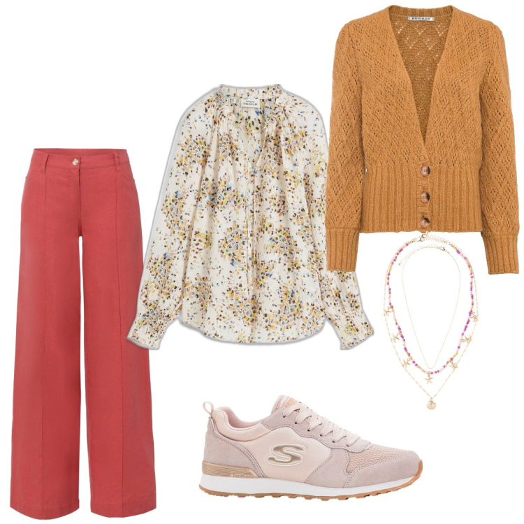 Outfit donna - Romantica in autunno. Stile Casual chic per Tutti i giorni. Abbinamento con pantaloni a palazzo, sneakers, cardigans, tuniche, ciondoli.