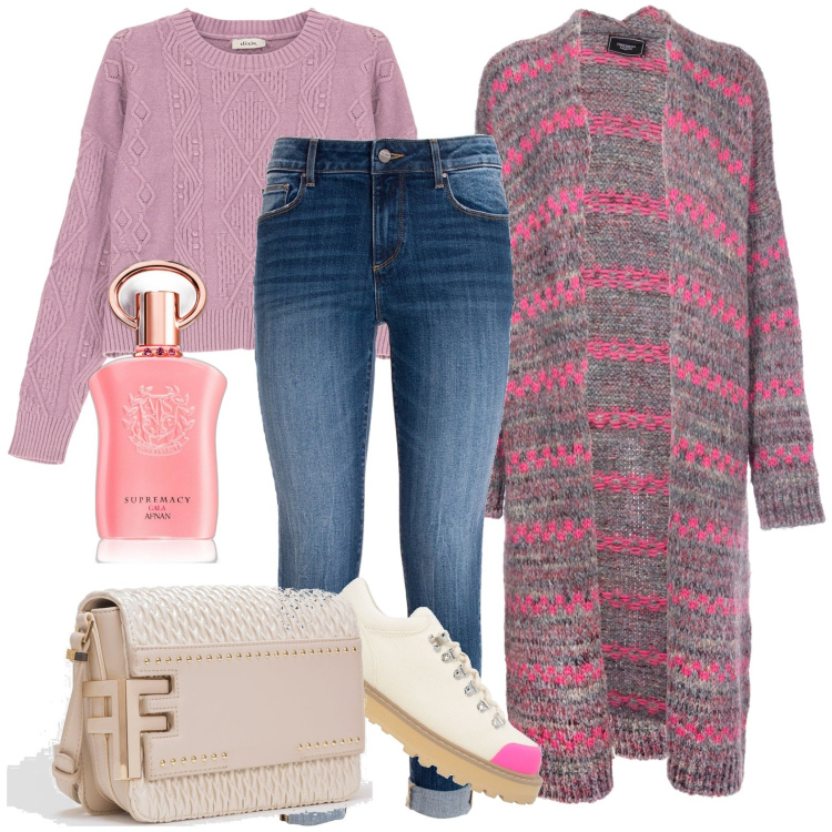 Outfit donna - Ce sempre tempo per i saldi. Stile Casual per Ufficio. Abbinamento con scarpe stringate, profumi, cardigans, jeans, borse a tracolla, pullovers.
