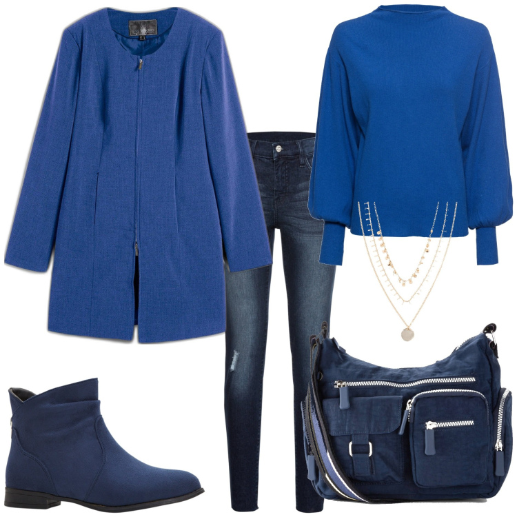 Outfit donna - Autunno favourites. Stile Casual per Tutti i giorni. Abbinamento con maglieria, borse a tracolla, jeans strappati, stivaletti, collane, blazer.