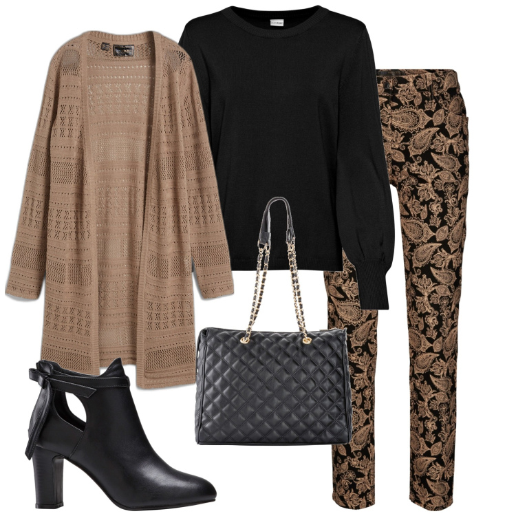 Outfit donna - Autunno Bonprix. Stile Casual chic per Ufficio. Abbinamento con pantaloni, maglieria, shopping bag, cardigans, stivaletti.