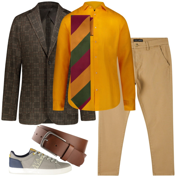 Outfit uomo - Cravatta in ufficio. Stile Urban per Ufficio. Abbinamento con camicie, giacche, cravatte, pantaloni chino, cinture, sneakers.