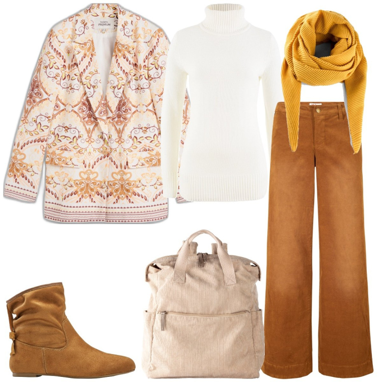 Outfit donna - Total look #1968155. Stile Casual per Scuola/Università. Abbinamento con pantaloni, maglieria, foulard, blazer, stivaletti, zaini.