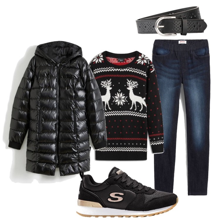 Outfit donna - Il piumino nero oversize. Stile Casual chic per Tutti i giorni. Abbinamento con jeggings, sneakers, piumini, maglieria, cinture.