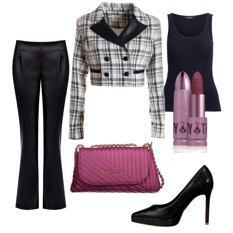 Outfit donna - Quadri per la sera. Stile Trendy per Serata fuori. Abbinamento con rossetti, pantaloni, décolleté, blazer, canottiere, borse a tracolla.