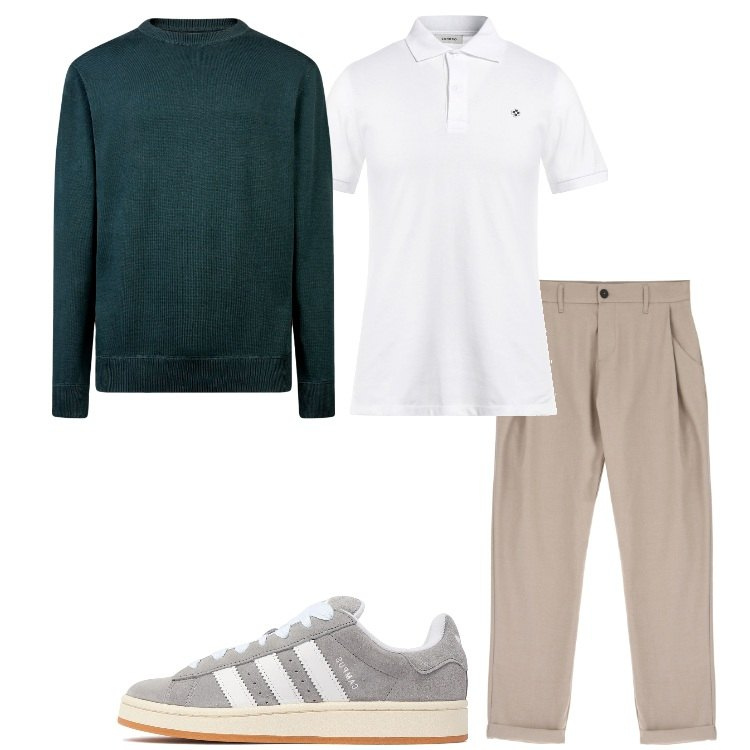 Outfit uomo - Minimal per settembre. Stile Casual per Tutti i giorni. Abbinamento con polo, pantaloni, maglieria, sneakers.