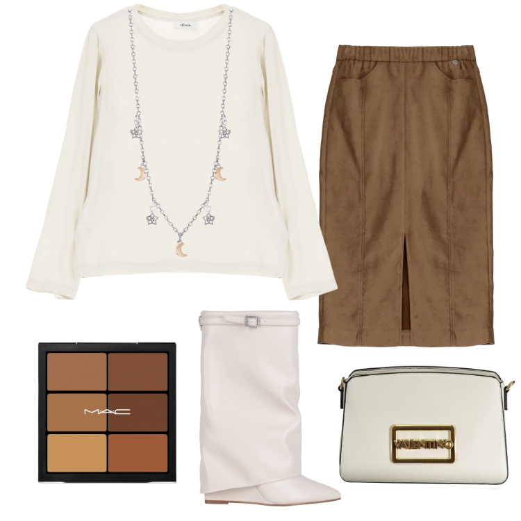 Outfit donna - Total look #1968222. Stile Trendy per Tutti i giorni. Abbinamento con stivaletti, correttori, collane, gonne longuette, maglieria, borse a spalla.