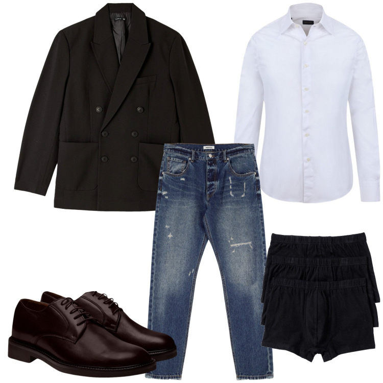 Outfit uomo - Settembre night. Stile Trendy per Serata speciale. Abbinamento con boxer, giacche, jeans dritti, scarpe stringate, camicie.